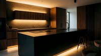 Modern kitchen with dark wood cabinetry, black island, warm ambient lighting, and minimalist design for contemporary home interiors.