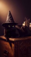 Black cat wearing witch hat sitting on wooden chest with candles in atmospheric Halloween setting for seasonal decorations and spooky themed designs.