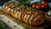 Freshly baked pull-apart bread with herbs and melted cheese on wooden cutting board, homemade comfort food for family dinner and cooking blogs.
