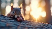 Red squirrel with acorn on tree bark at sunset, backlit by golden sunlight with dreamy bokeh background, close up view of cute forest animal in nature.