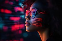 Female profile with digital code projection on face and reflective sunglasses in neon red and blue cyberpunk lighting.