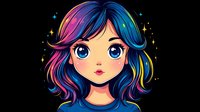 Anime-style girl with colorful rainbow hair and large expressive eyes against black background with sparkling stars, perfect for fantasy or youth-oriented designs.