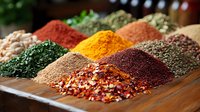 Vibrant aromatic spices and seasonings in colorful piles including turmeric, chili flakes, herbs and ground peppers displayed on wooden surface for cooking and food preparation.