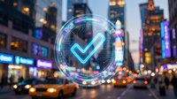 Glowing digital checkmark symbol with holographic circle overlay on blurred city street background at night with neon lights and urban bokeh effects.