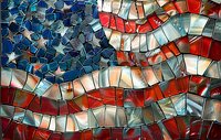 Mosaic style American flag pattern with stained glass effect featuring red stripes, white spaces, and blue field with stars, creating dynamic patriotic artwork.