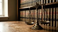 Vintage brass scales of justice on wooden desk in law library with legal books background for attorney office and courthouse concepts.