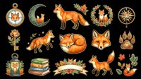 Watercolor fox clipart set isolated on transparent background, featuring foxes, paw prints, compass, moon, wreath, books, and banners for stickers, T-shirts, print on demand.