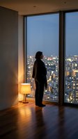 Businessman silhouette standing by floor-to-ceiling windows overlooking illuminated city skyline at dusk in modern office interior with warm lamp lighting.