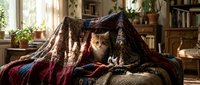 Orange tabby cat relaxing under cozy patchwork quilt in sunlit living room with plants and books creating warm homey atmosphere for comfort concepts.