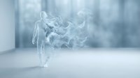 Translucent human figure made of flowing water and mist stands in minimalist white space, symbolizing fluidity, transformation, and ethereal movement for conceptual design projects.