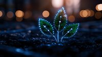 Glowing digital plant sprout with blue neon lights emerging from dark soil against blurred bokeh background, representing growth, technology and sustainability.