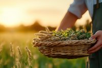 Farmer holds wicker basket with freshly harvested wheat ears and herbs at golden sunset in countryside field, organic farming concept.