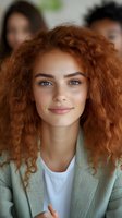 Young Caucasian woman with curly red hair and blue eyes smiling confidently in casual green cardigan for lifestyle and portrait photography.