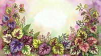 Colorful floral border with purple, pink, and green flowers and foliage arranged on isolated white background, suitable for greeting cards, invitations, and design projects.