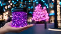 Glowing purple jar with magical sparkles held in female hand against blurred bokeh lights background, creating dreamy atmospheric scene.
