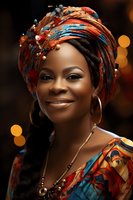 Young African woman wearing colorful traditional headwrap and jewelry smiling warmly with bokeh lights background for cultural fashion and lifestyle content.