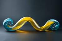 Abstract curved wave sculpture in turquoise and yellow glass with spiral ends on dark background, showcasing fluid motion and dynamic form in modern art design.
