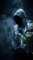 Anonymous hooded figure dissolving into digital particles with glowing code elements against dark smoky background for cybersecurity and technology concepts.