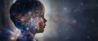 Male silhouette with cosmic galaxy brain showing stars and nebula against space background representing consciousness, imagination and universal connection.