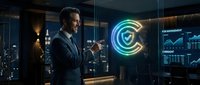 Businessman in dark suit holding glowing shield icon in modern office with neon cybersecurity symbol and city skyline, representing digital protection and network security solutions.