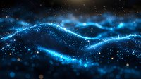 Glowing blue particles form dynamic waves against dark background, creating futuristic abstract pattern with bokeh light effects and flowing motion.