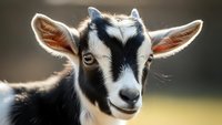 Young goat kid with black and white markings looking directly at camera in natural outdoor farm setting with soft bokeh background.