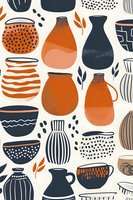 Modern pottery and ceramic vessels in navy blue and terracotta orange with abstract patterns and organic shapes on white background, seamless repeat pattern for home decor.