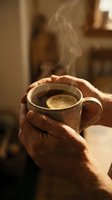 Senior man holding steaming mug of hot tea with lemon slice, warm beverage for relaxation, wellness and comfort at home.