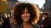 Young African American woman with natural curly hair smiling in urban setting at dusk, crowd in background.
