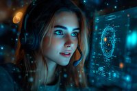 Young woman in headphones looking at futuristic holographic interface with biometric scan display in dark room illuminated by cyan blue technology glow.