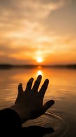 Silhouette of human hand reaching toward golden sunset over calm water with warm orange sky and peaceful reflection creating spiritual moment.