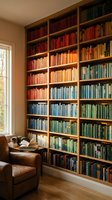 Floor-to-ceiling wooden bookshelf with color-coordinated books creating rainbow gradient from red to green, leather armchair and window in cozy home library.
