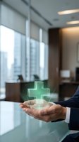 Businessman hands holding glowing green medical cross hologram in modern office environment representing healthcare technology and digital medicine solutions.