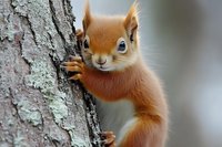 Adorable red squirrel with fluffy ear tufts clinging to tree bark, showcasing natural wildlife behavior and forest habitat for nature photography projects.