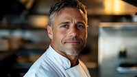 Professional middle-aged Caucasian male chef in white uniform smiling confidently in modern restaurant kitchen. Culinary expert portrait for hospitality industry.