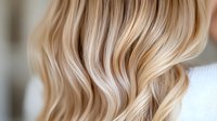 Luxurious blonde wavy hair with balayage highlights close up. Soft flowing waves showcase professional hair coloring technique and healthy shine. Modern hairstyling for beauty salon.