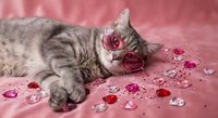 Adorable tabby kitten wearing pink heart-shaped glasses lying on soft pink fabric surrounded by colorful heart-shaped gems for Valentine's Day celebration.