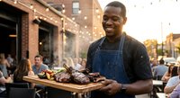 Happy African American chef presenting grilled meat platter at outdoor restaurant patio during golden hour with string lights and dining guests.