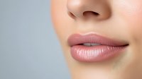 Close up view of plump, glossy pink lips and smooth skin against light gray background, showcasing natural beauty and skincare results for cosmetic advertising.