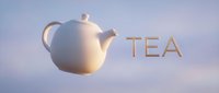 White ceramic teapot floating in soft pastel sky with golden TEA lettering, elegant minimal composition for cafe menu, branding, or packaging design.