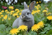 Adorable grey bunny sitting among blooming yellow dandelions in spring garden, soft fur and alert ears create charming nature scene for seasonal greeting cards.