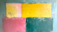 Abstract modern art painting featuring bold geometric blocks in yellow, pink, and teal colors with textured brushstrokes and rough edges creating contemporary wall decor.