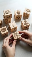 Hands holding wooden cube with brain symbol among blocks featuring health icons representing mental wellness, psychology, and medical concepts.
