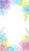 Watercolor floral frame with delicate line art flowers and pastel rainbow gradient background for spring wedding invitations and feminine design projects.
