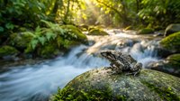 Small frog sits on mossy rock beside flowing forest stream with sunlight filtering through lush green canopy creating peaceful natural woodland scene.