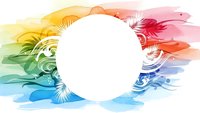Colorful watercolor frame with tropical palm leaves and floral elements in rainbow gradient hues on white background for summer design projects.