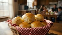 Fresh baked dinner rolls in wicker basket with checkered cloth on wooden table in cozy restaurant kitchen background for comfort food dining concepts.