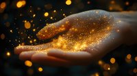 Magical glowing golden sparkles and light particles floating above open palm against dark background, creating mystical atmospheric effect.