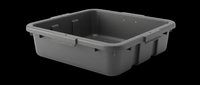 Empty dark gray plastic storage bin with handles isolated on transparent background, ready for design use on t-shirts, clipart, stickers, and print-on-demand products.