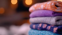 Stack of folded cozy winter sweaters in purple, gray and blue tones with soft bokeh lights in background, creating warm and comfortable atmosphere.